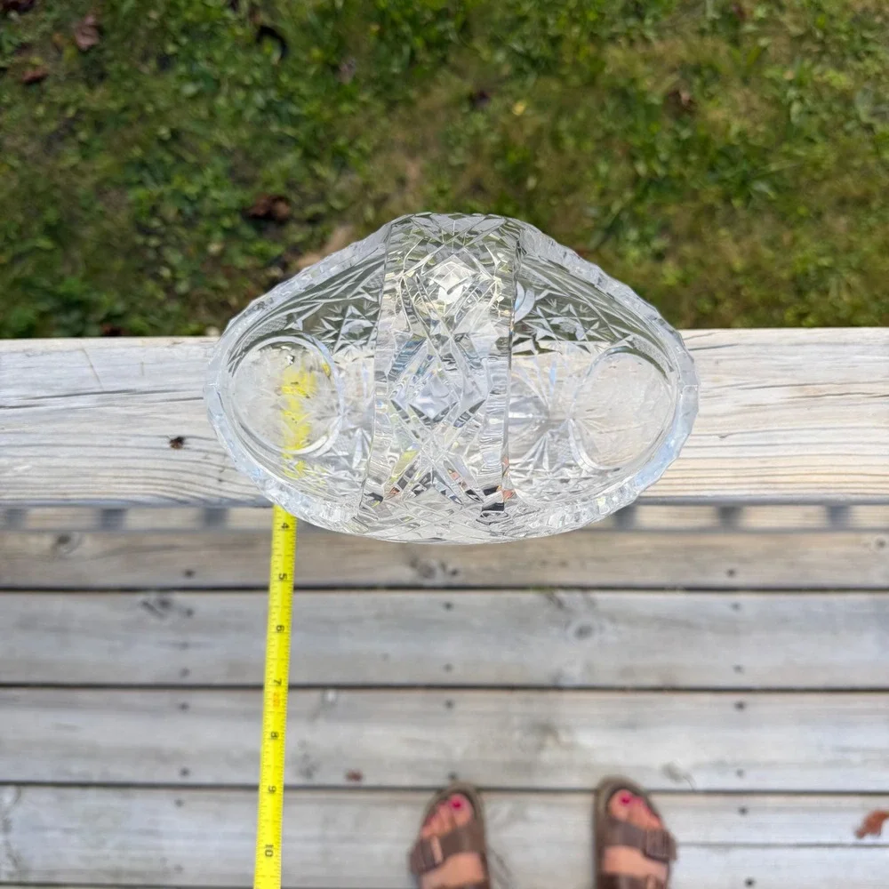 Vintage Cut Crystal Glass Basket Frosted Floral Etched Centerpiece with Handle